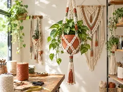 Porta-vaso de macramê com planta em oficina artesanal
